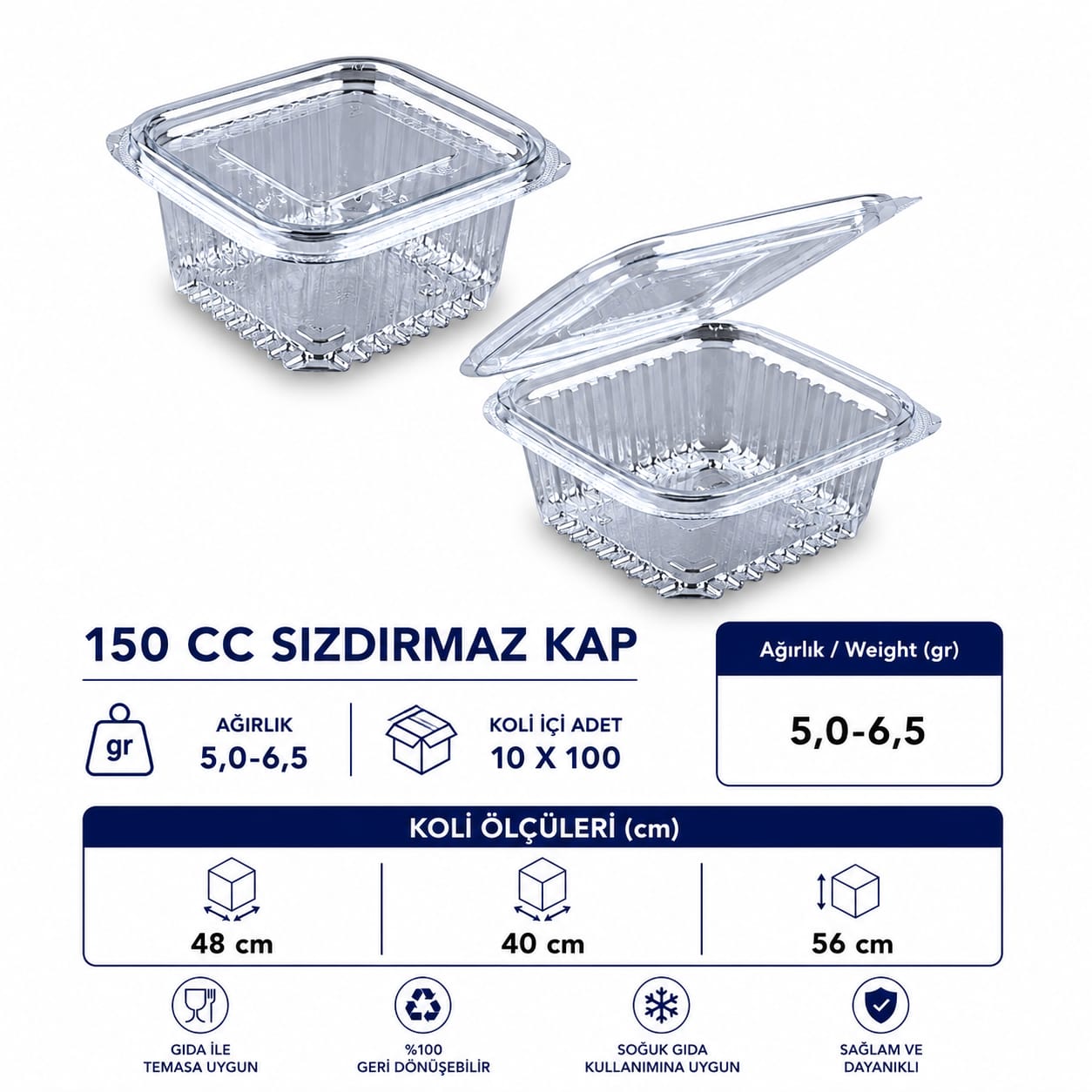 150 CC Sızdırmaz Kap Şeffaf Gıda Saklama Kabı 100 Adet